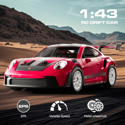 1/43 Hstar D43-01Q 911 RC Drift Car outdoor display photo showing realistic scale body