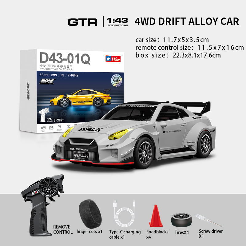 Hstar D43-02Q 1/43 4WD Alloy Drift RC Car – GTR Style, Full Proportional Control, Gyro, Dual-Speed, LED Lights & Type-C Charging