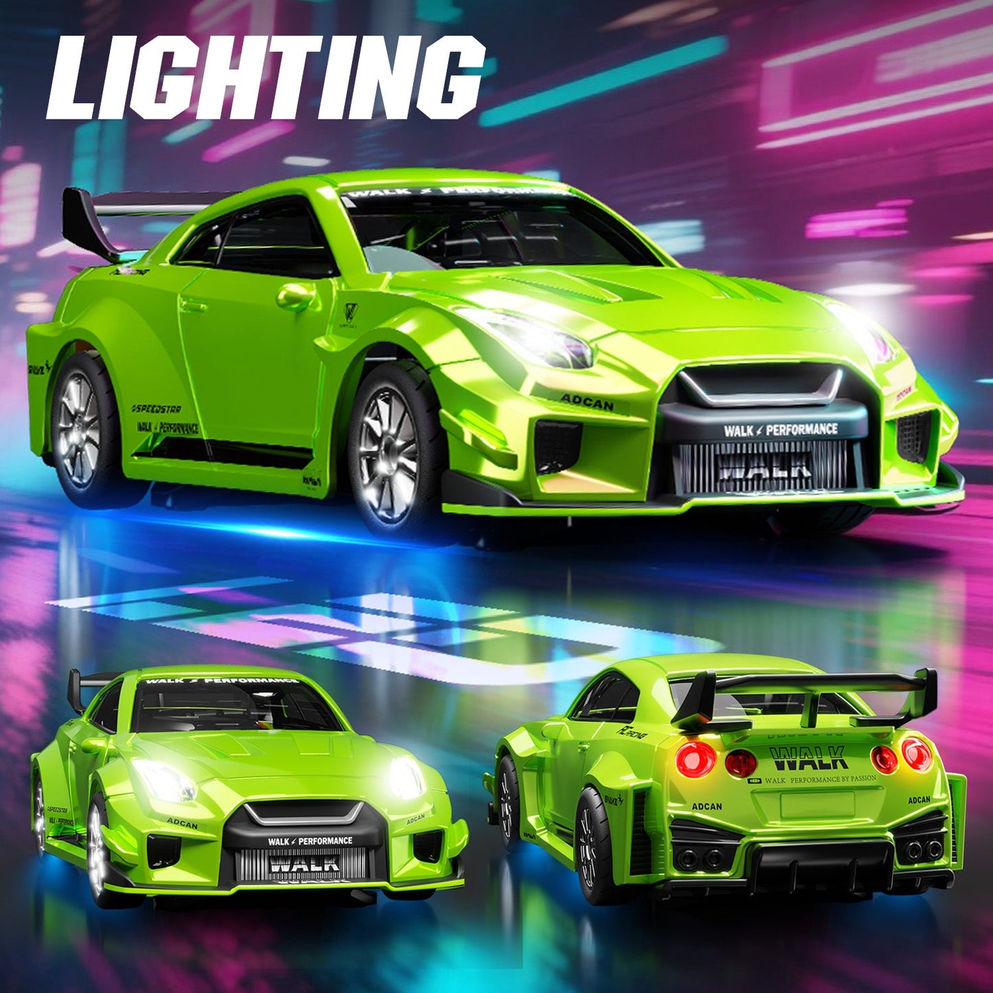 LED lighting performance of Hstar D43-02Q GTR alloy RC car with headlights and taillights on