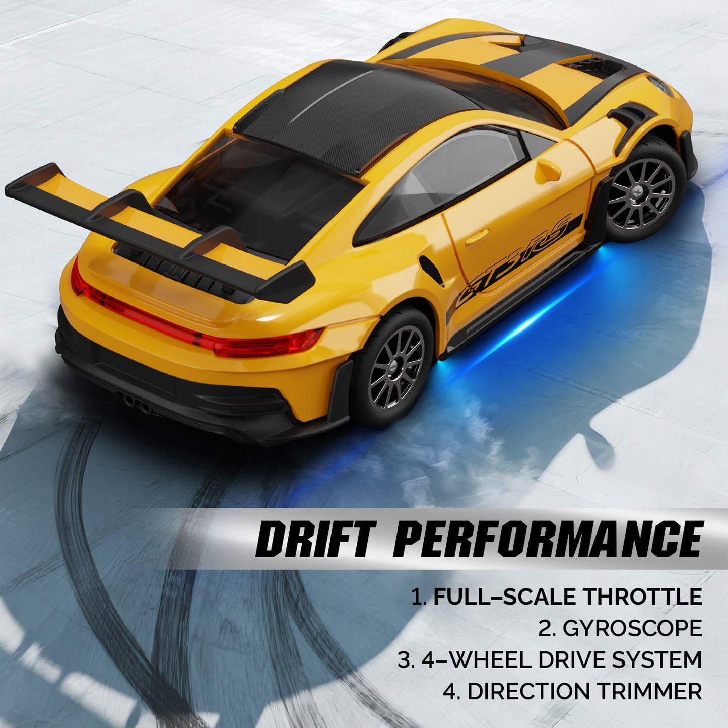 Drift performance of Hstar D43-02Q GTR style 1/43 alloy RC car showing full throttle and gyro control