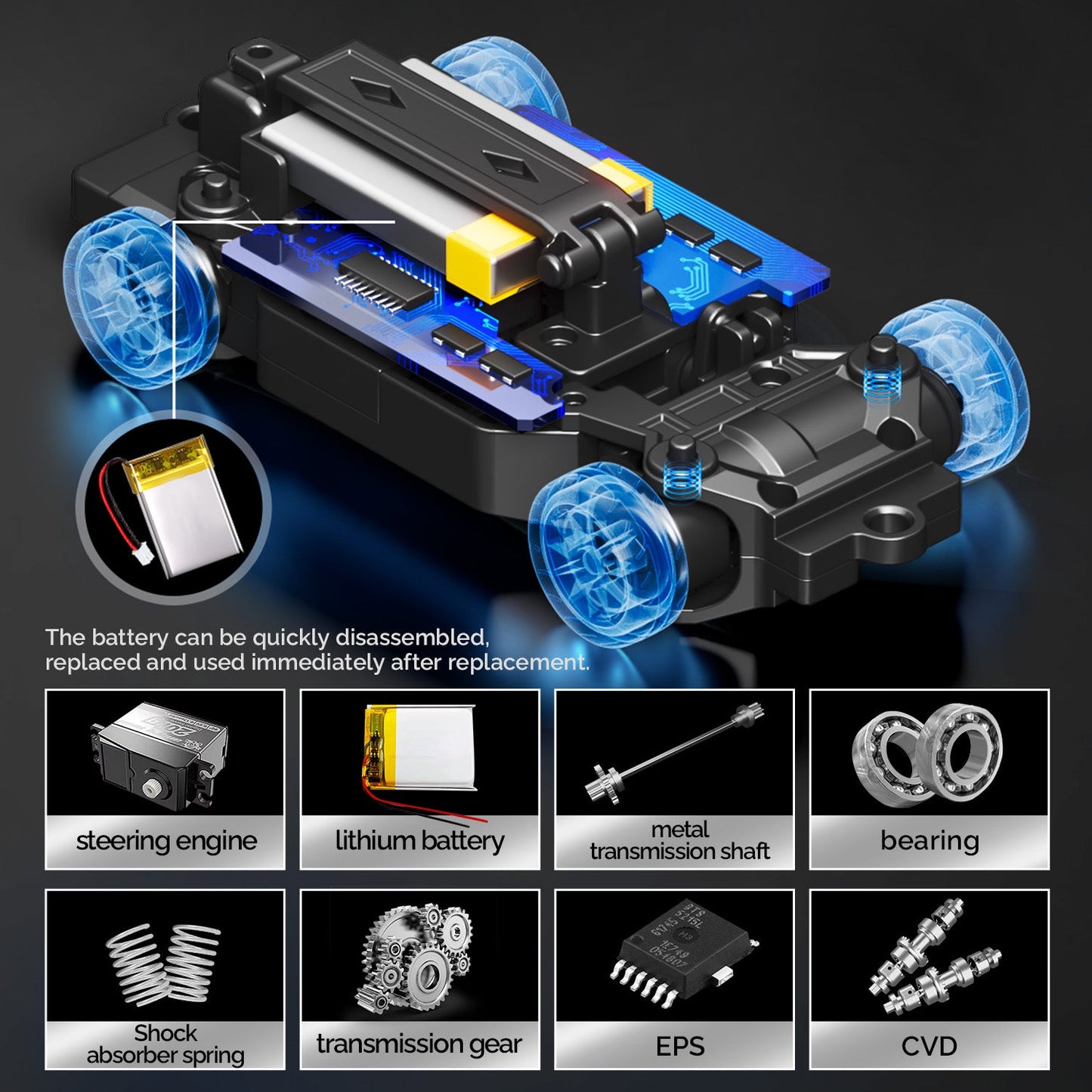 Chassis structure of Hstar D43-02Q GTR mini drift RC car showing 4WD system, suspension and bearings