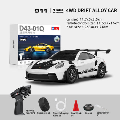 Hstar D43-01Q 1/43 4WD Alloy Drift RC Car – 911 Style, Full Proportional Control, Gyro, Dual-Speed, LED Lights & Type-C Charging
