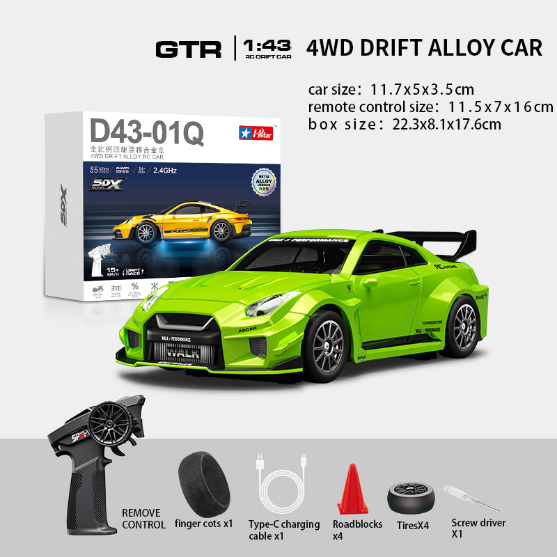 Hstar D43-02Q 1/43 4WD Alloy Drift RC Car – GTR Style, Full Proportional Control, Gyro, Dual-Speed, LED Lights & Type-C Charging