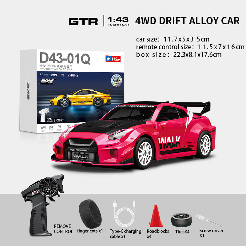 Hstar D43-02Q 1/43 4WD Alloy Drift RC Car – GTR Style, Full Proportional Control, Gyro, Dual-Speed, LED Lights & Type-C Charging