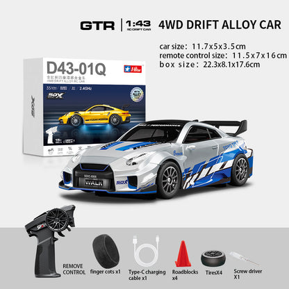 Hstar D43-02Q 1/43 4WD Alloy Drift RC Car – GTR Style, Full Proportional Control, Gyro, Dual-Speed, LED Lights & Type-C Charging