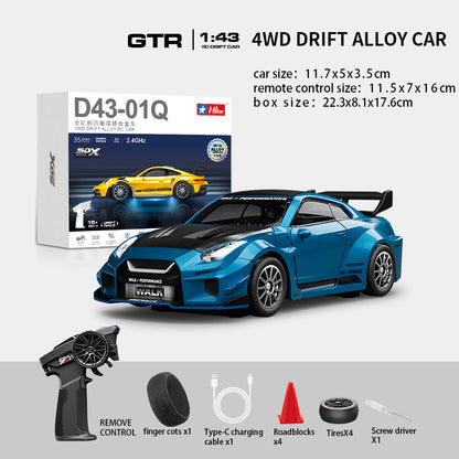 Hstar D43-02Q 1/43 4WD Alloy Drift RC Car – GTR Style, Full Proportional Control, Gyro, Dual-Speed, LED Lights & Type-C Charging