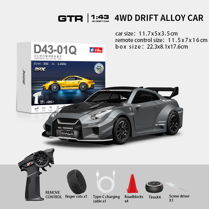 Hstar D43-02Q 1/43 4WD Alloy Drift RC Car – GTR Style, Full Proportional Control, Gyro, Dual-Speed, LED Lights & Type-C Charging