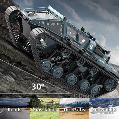 JJRC C8812 1:18 RC tank with 2.4G control, 8 km/h speed, 60m range, LED lights, all-terrain tracks, and 30° climbing ability.