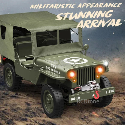 JJRC C8815 1/10 WILLYS JEEP RC Car, JJRC Willys Jeep RC Car with 4WD and LED lights, features 2.4GHz range and measures 34.5x16x17.5cm.