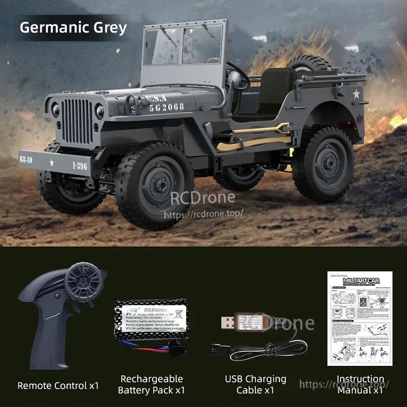 JJRC C8815 1/10 WILLYS JEEP RC Car, Germanic Grey 4WD RC military jeep with 2.4G control, 60m range, includes remote, battery, charger, and manual.
