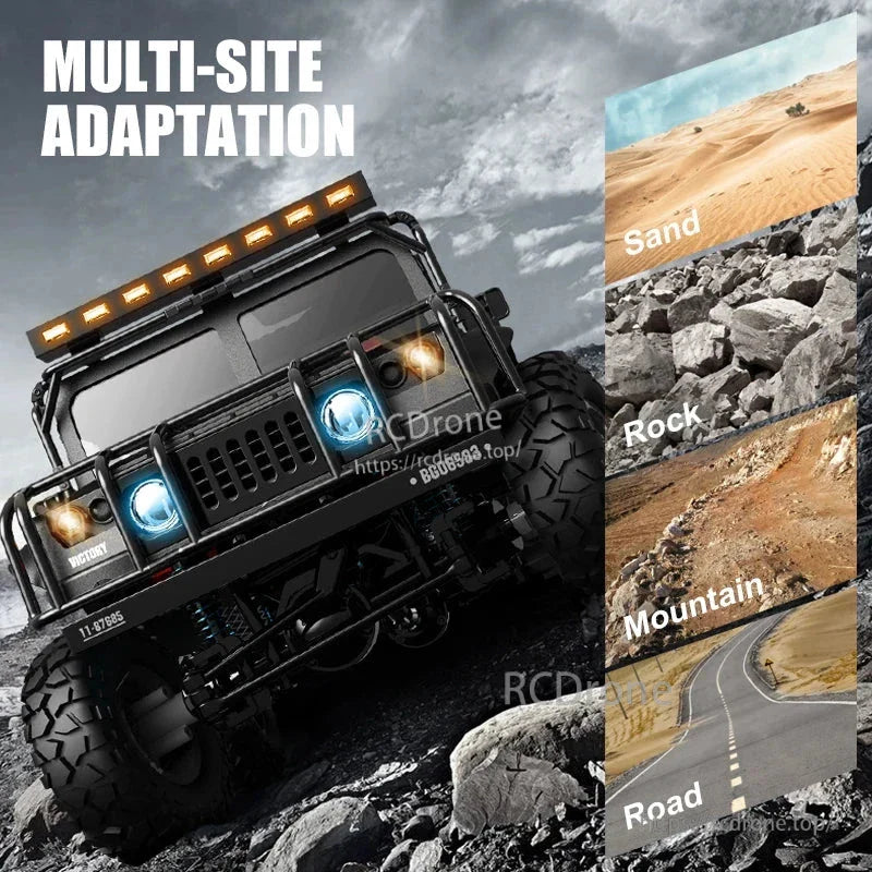 JJRC Q121 RC CAR, Durable RC car with LED lights and metal chassis, designed for multi-terrain use including sand, rock, mountain, and road.