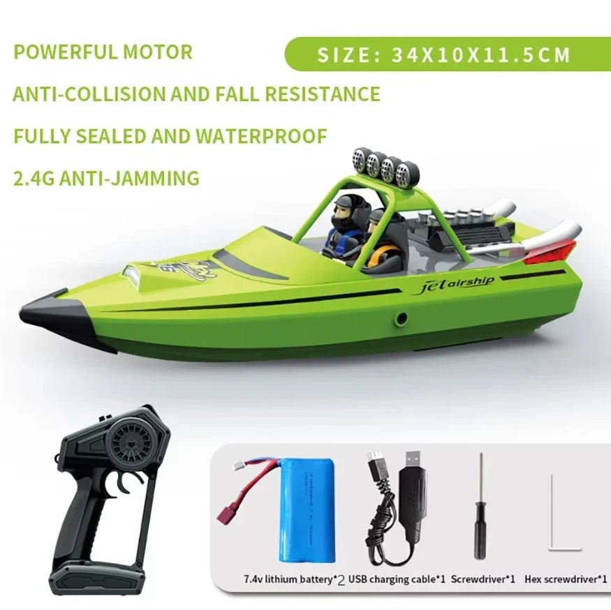 JJRC TY725 RC Boat, High-performance waterproof RC boat with powerful motor, anti-collision, capsize reset, low battery alarm, 2.4G remote, and accessories. Size: 34x10x11.5cm.