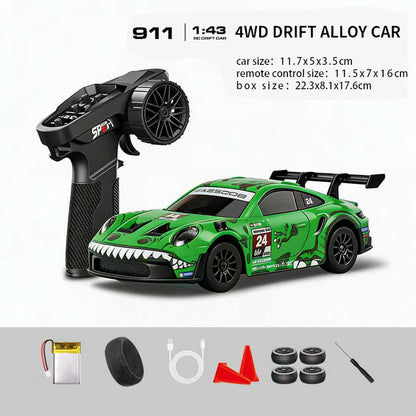 Hstar D43-01Q 1/43 4WD Alloy Drift RC Car – 911 Style, Full Proportional Control, Gyro, Dual-Speed, LED Lights & Type-C Charging