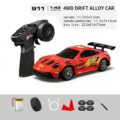 Hstar D43-01Q 1/43 4WD Alloy Drift RC Car – 911 Style, Full Proportional Control, Gyro, Dual-Speed, LED Lights & Type-C Charging